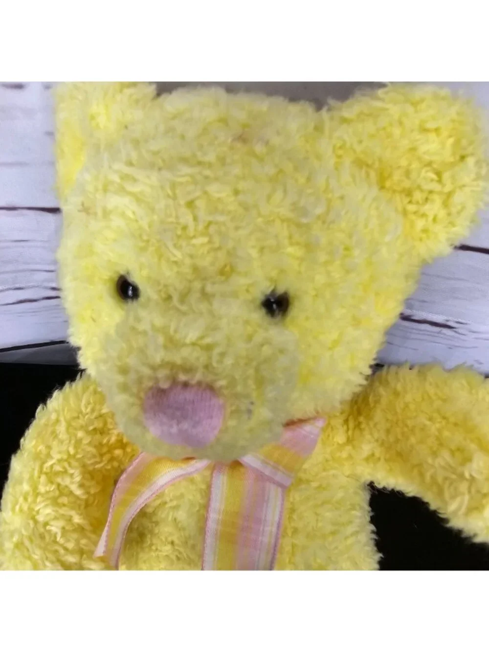 Yellow Teddy Bear Plush By Russ Berrie With Pink Nose & Plaid Bow Stuffed Animal